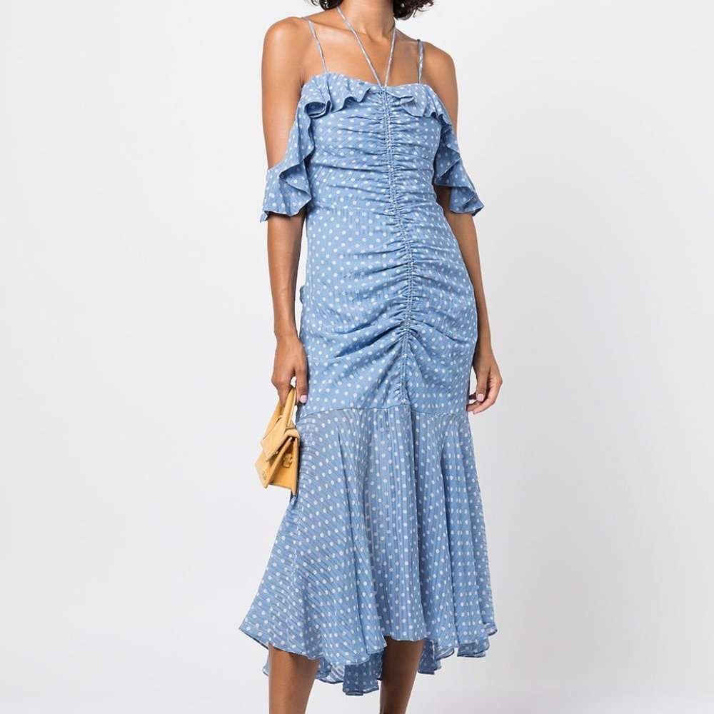 JONATHAN SIMKHAI Naomie Midi Maxi Dress Polka-dot Silk Dress In Blue White